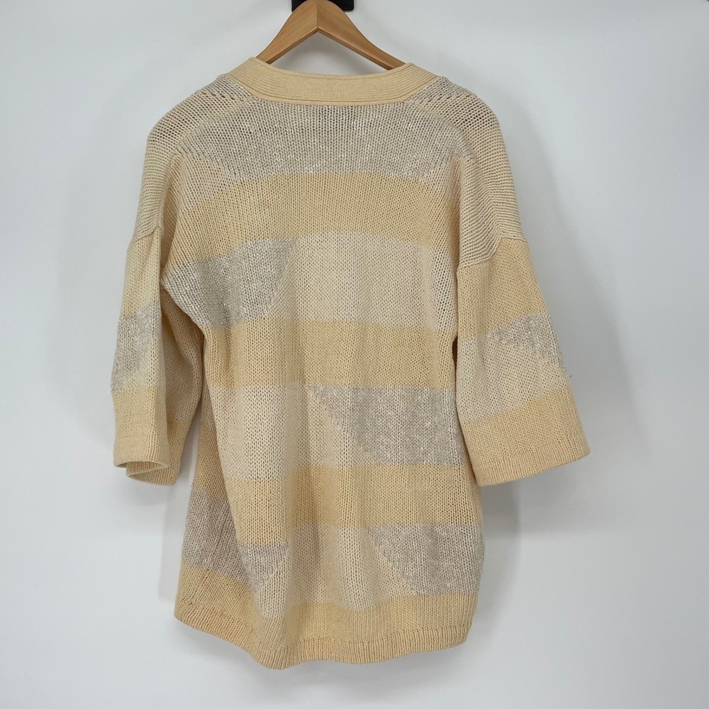 Vintage ST JOHN Striped Cardigan Marie Gray Knit Open Front Beige Sweater Size L - Picture 2 of 6